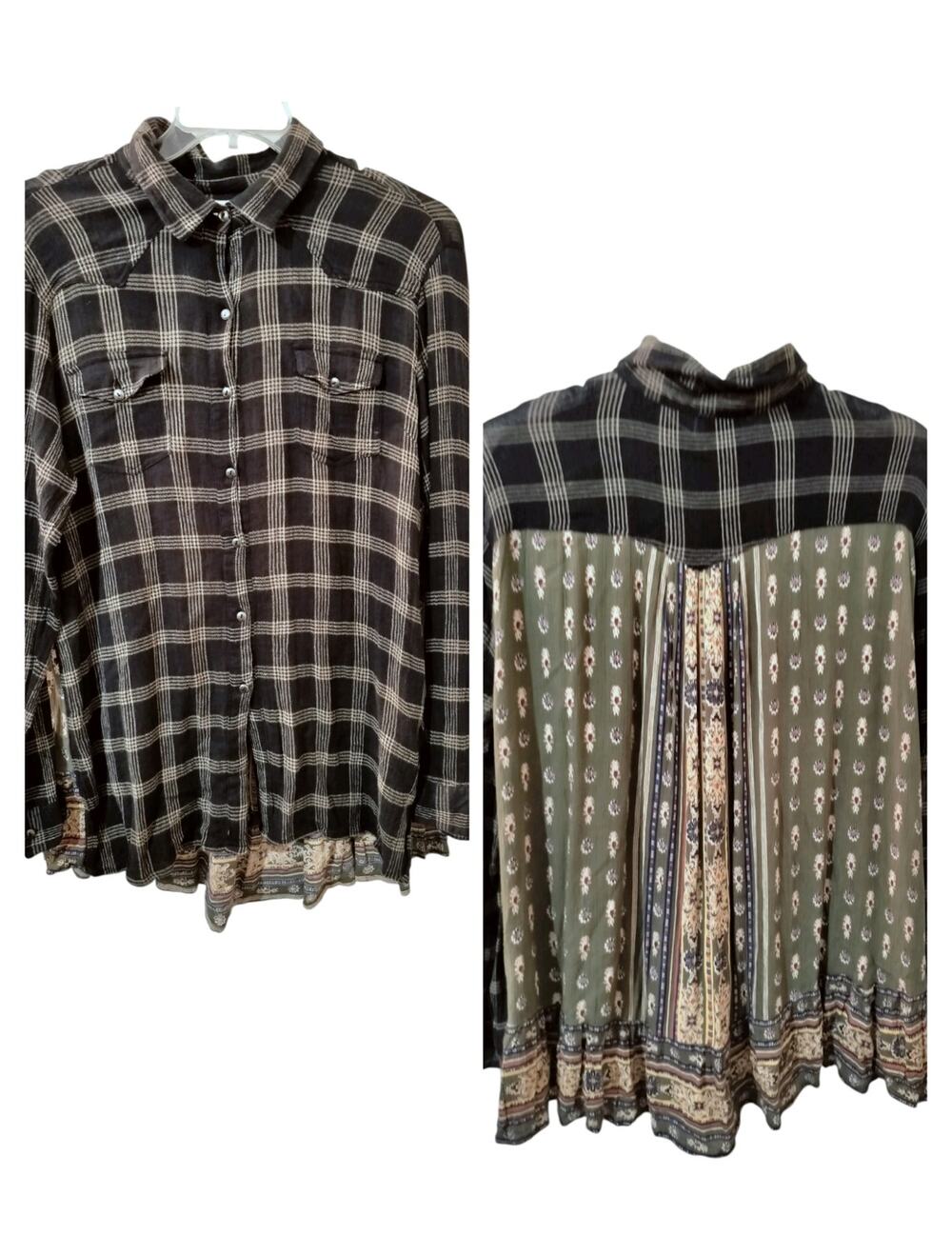 5038)Emma G Mix Print Boho Western Cottagore Button Up Floral Tunic Top Large